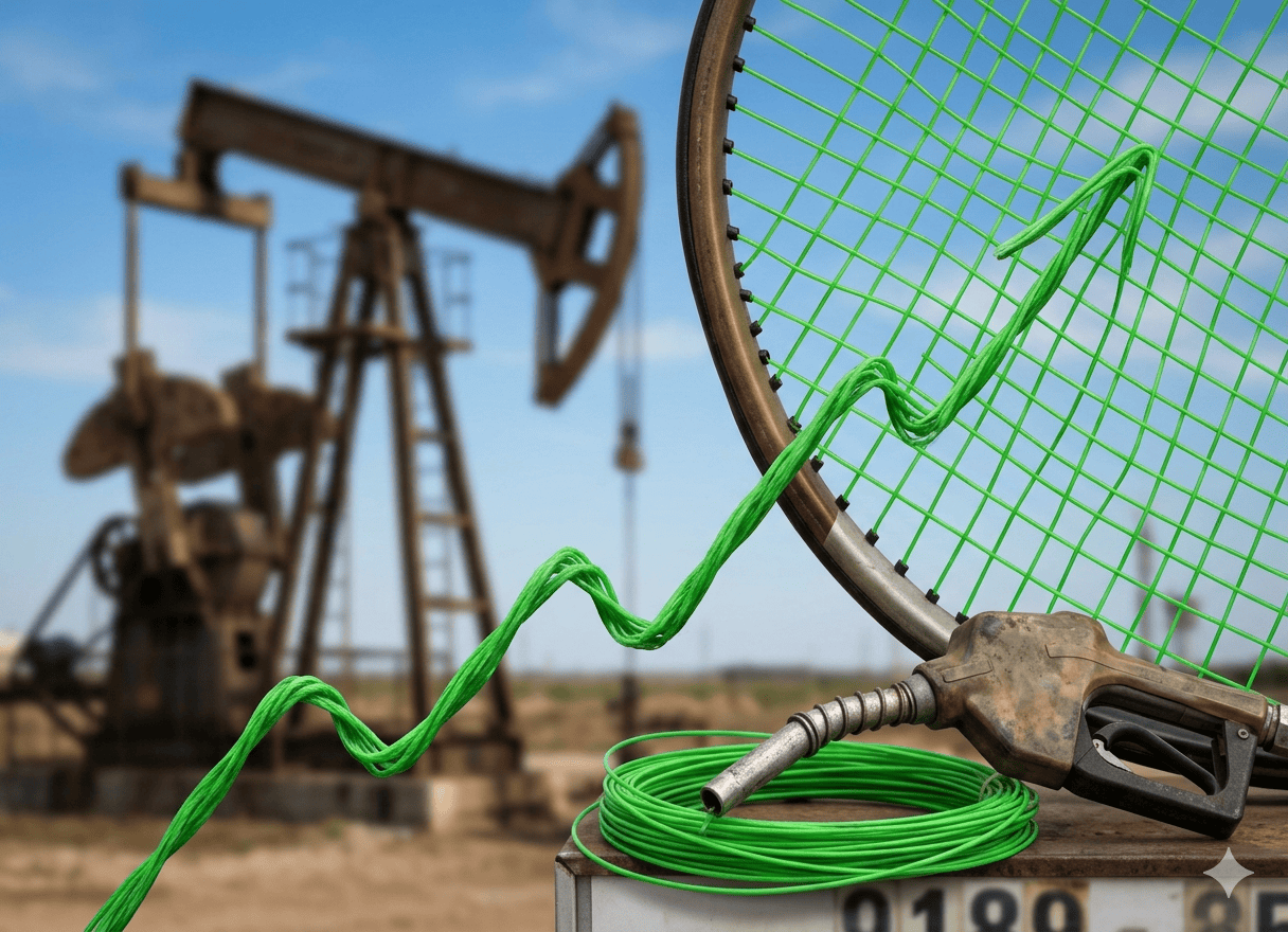 Montage visuel montrant un cordage de tennis en polymère vert formant une courbe ascendante devant un puits de pétrole, symbolisant la hausse des prix.
