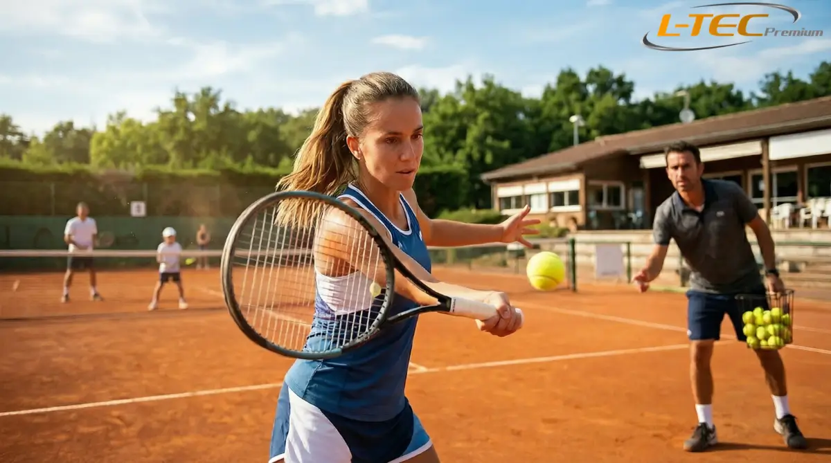 Scène de tennis en club avec une joueuse en action, un professeur de tennis et des joueurs en arrière-plan sur terre battue, illustrant l'écosystème du tennis français.