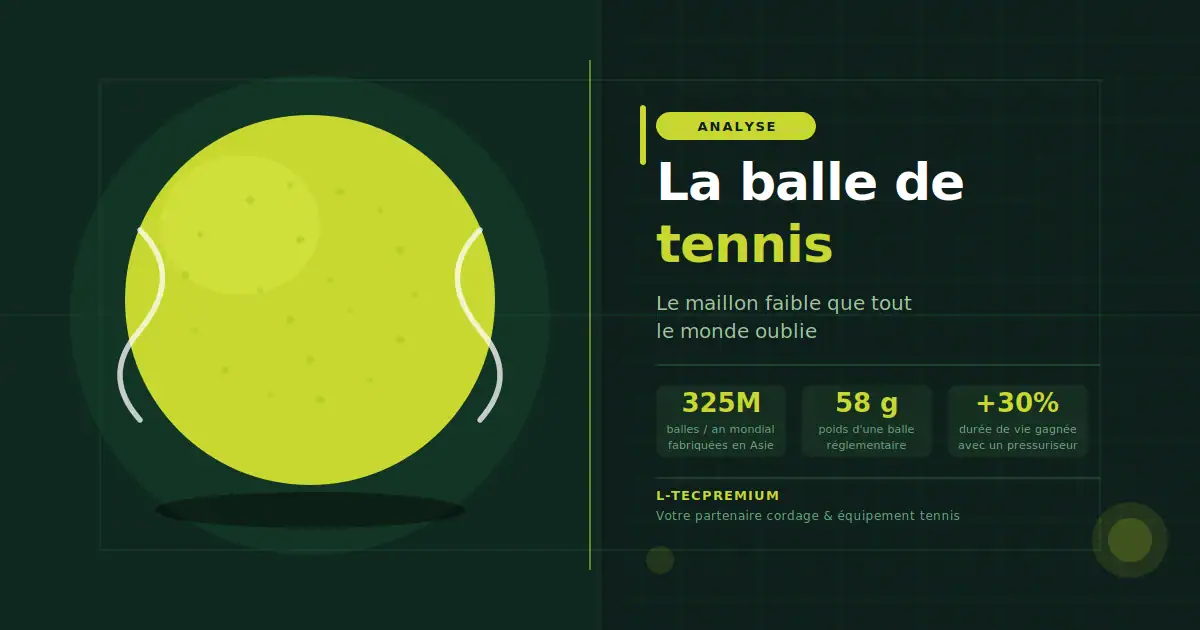 Balle de tennis usure et qualité – Analyse L-Tec Premium Gros plan d'une balle de tennis jaune sur un court, illustrant l'article sur l'usure, les blessures et le coût des balles de tennis
