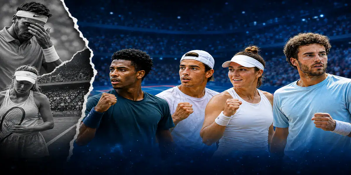 Tennis français 2026 avec plusieurs joueurs français sur un court, symbolisant les déceptions en Grand Chelem et les nouveaux espoirs du circuit ATP et WTA.