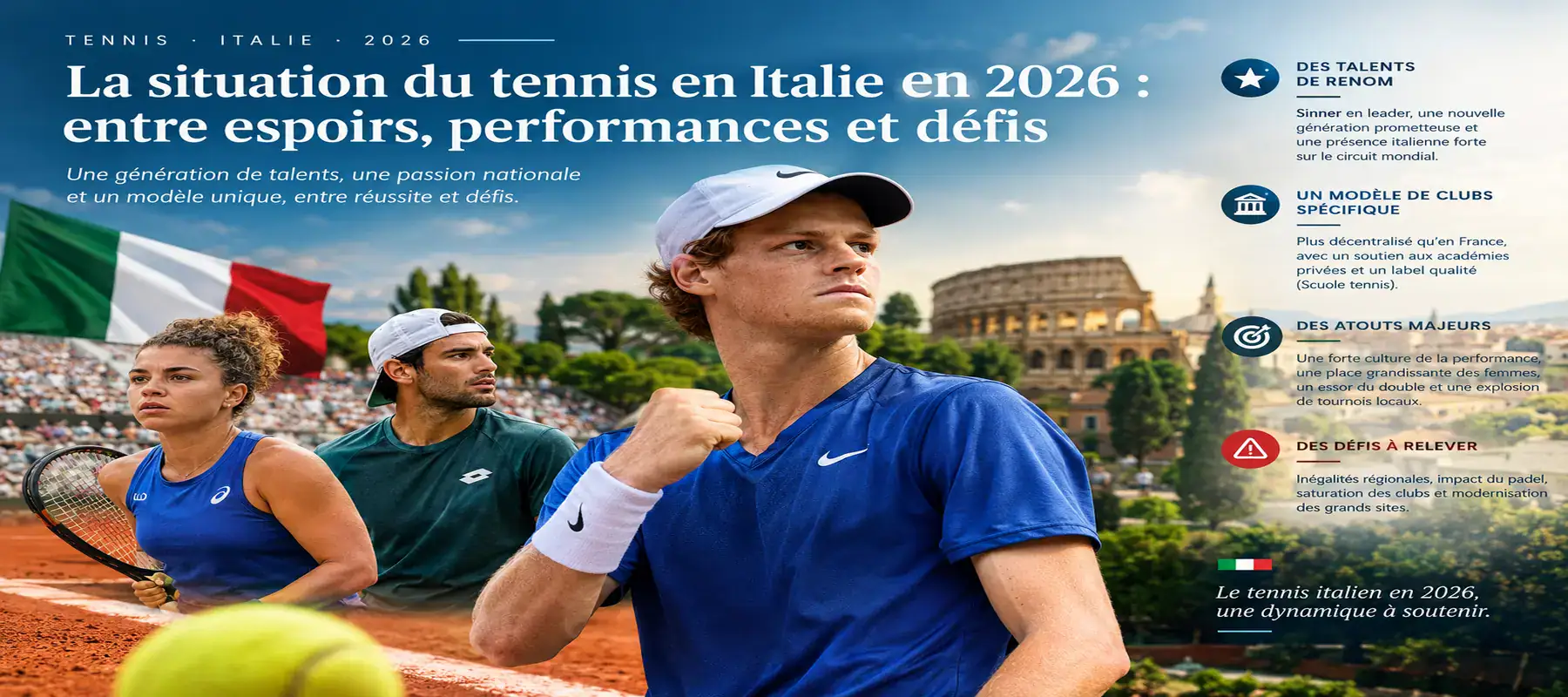 Tennis italien en 2026 : performances, talents et défis- L-Tec Premium Illustration du tennis italien en 2026 avec Jannik Sinner, des joueurs italiens et le Colisée de Rome sur un court de tennis